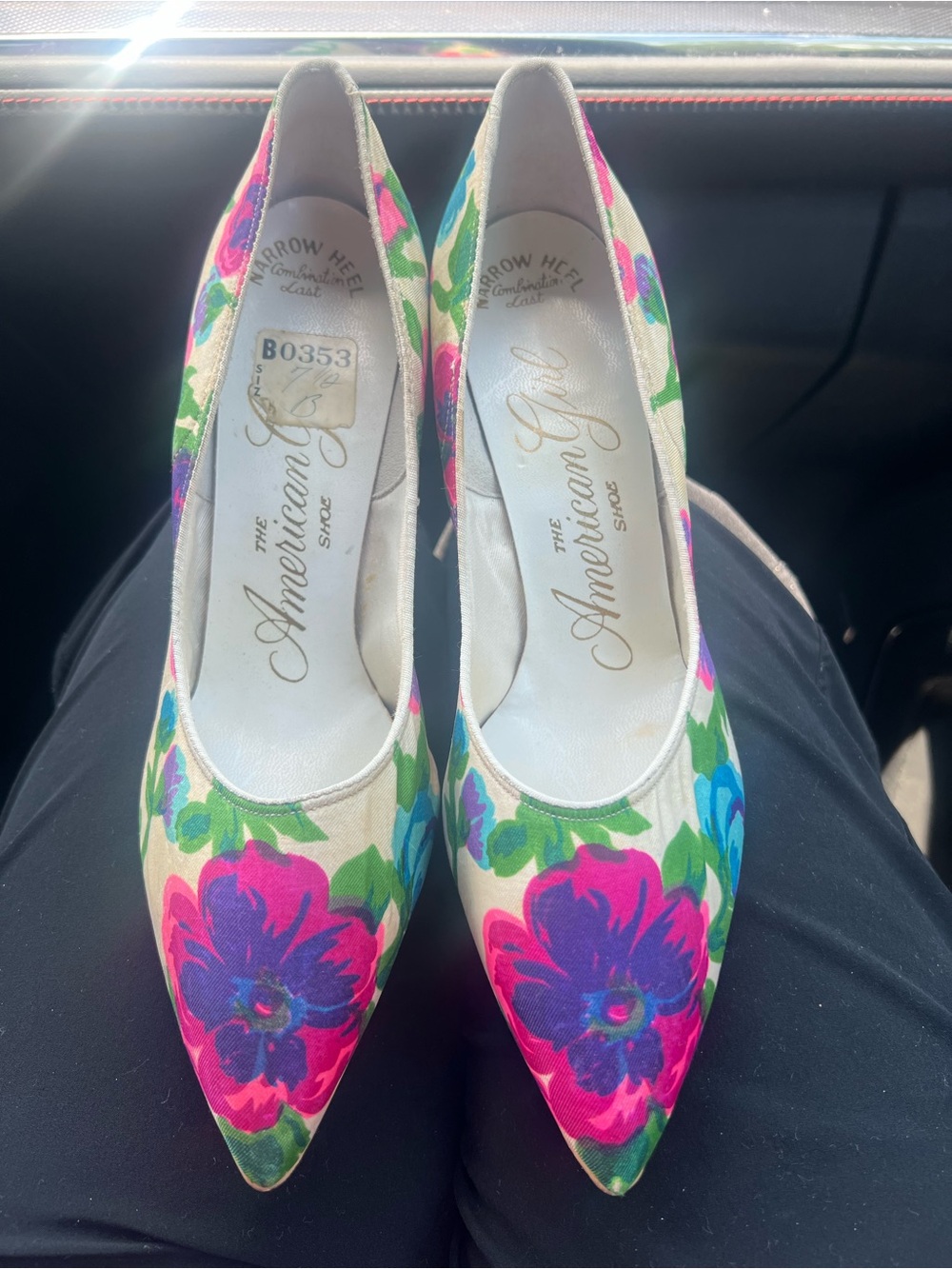 American Girl Floral Pointed Toe Pumps - Pink, Purple, Green on Cream